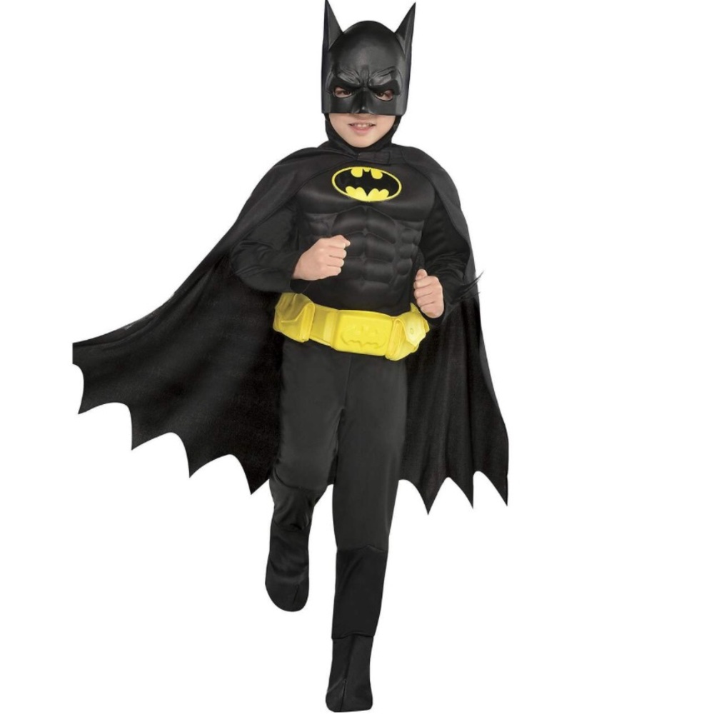 Kids DC BATMAN Black Padded Jumpsuit Cape Mask HALLOWEEN Costume SZ 12-14 Large